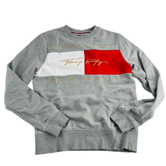 Tommy Hilfiger Mens Sweatshirt Gray/Red/White Colorblock Logo Cotton/Polyester B - Picture 2 of 7
